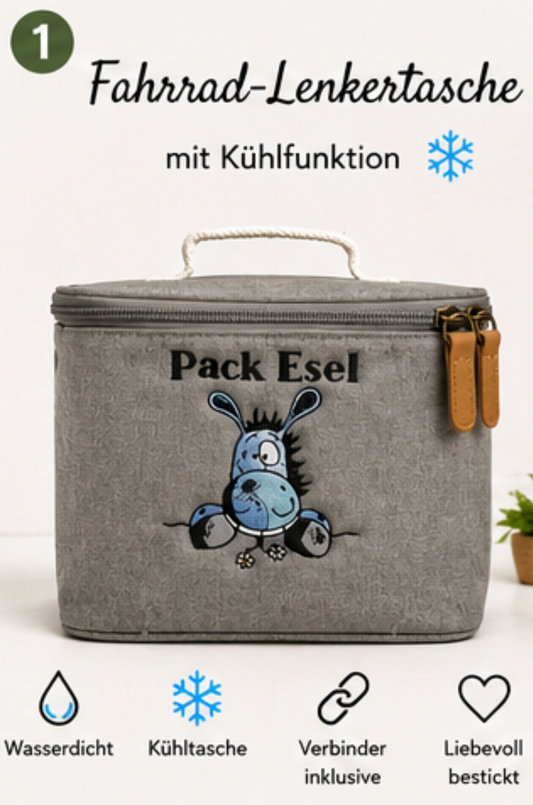 Fahrrad-Lenkertasche mit Kühlfunktion – Stickmotiv „PackEsel“ - Pirouette Handmade