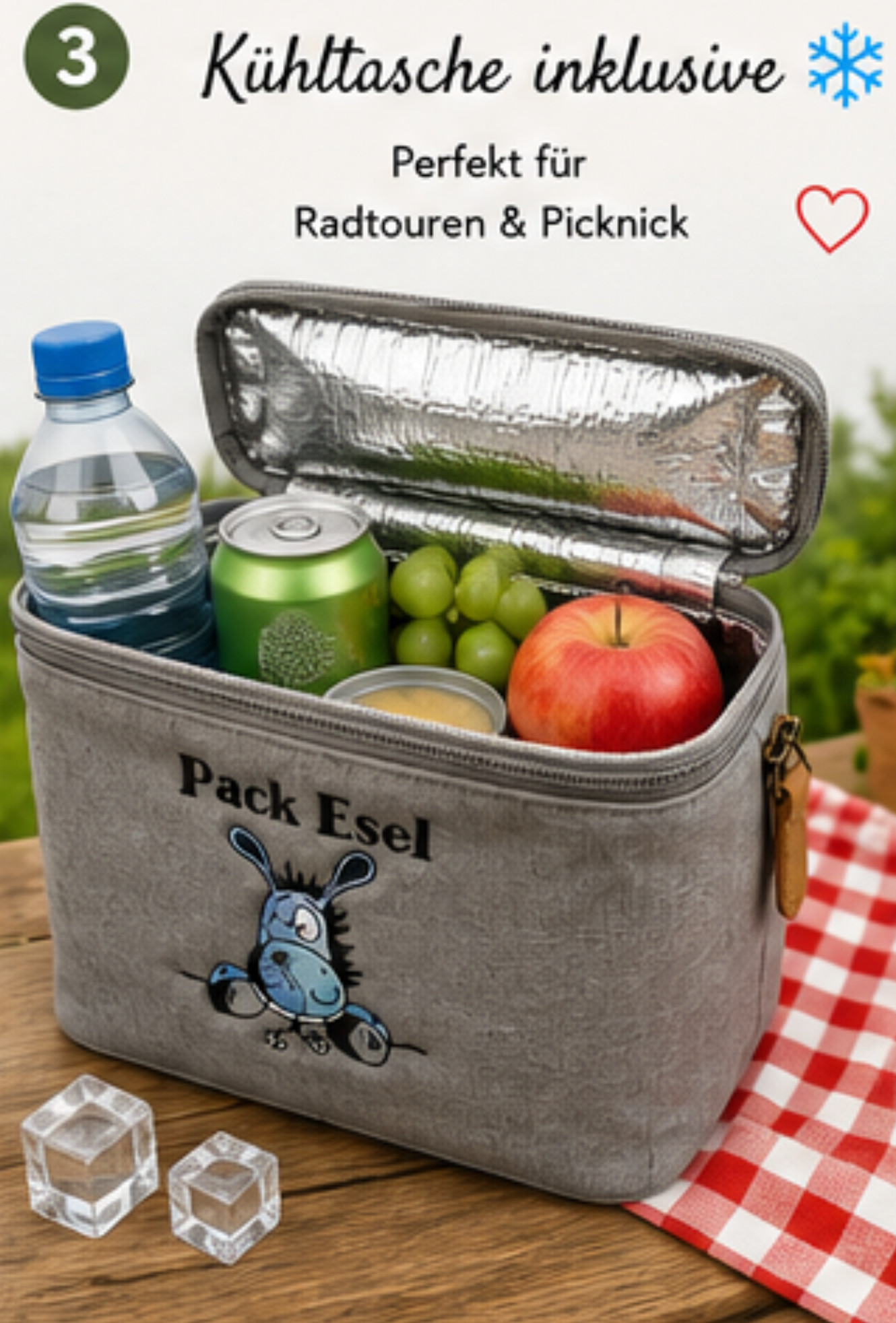 Fahrrad-Lenkertasche mit Kühlfunktion – Stickmotiv „PackEsel“