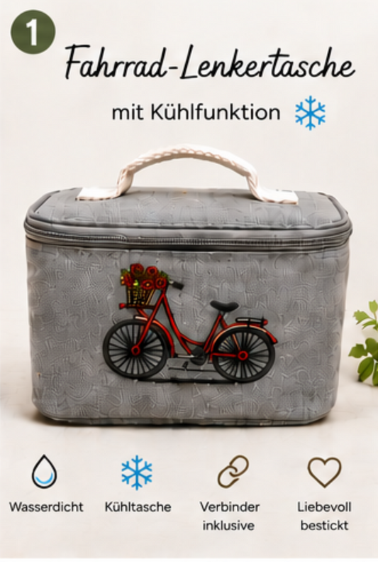 Fahrrad-Lenkertasche mit Kühlfunktion & Stickmotiv „Rosenfahrrad“