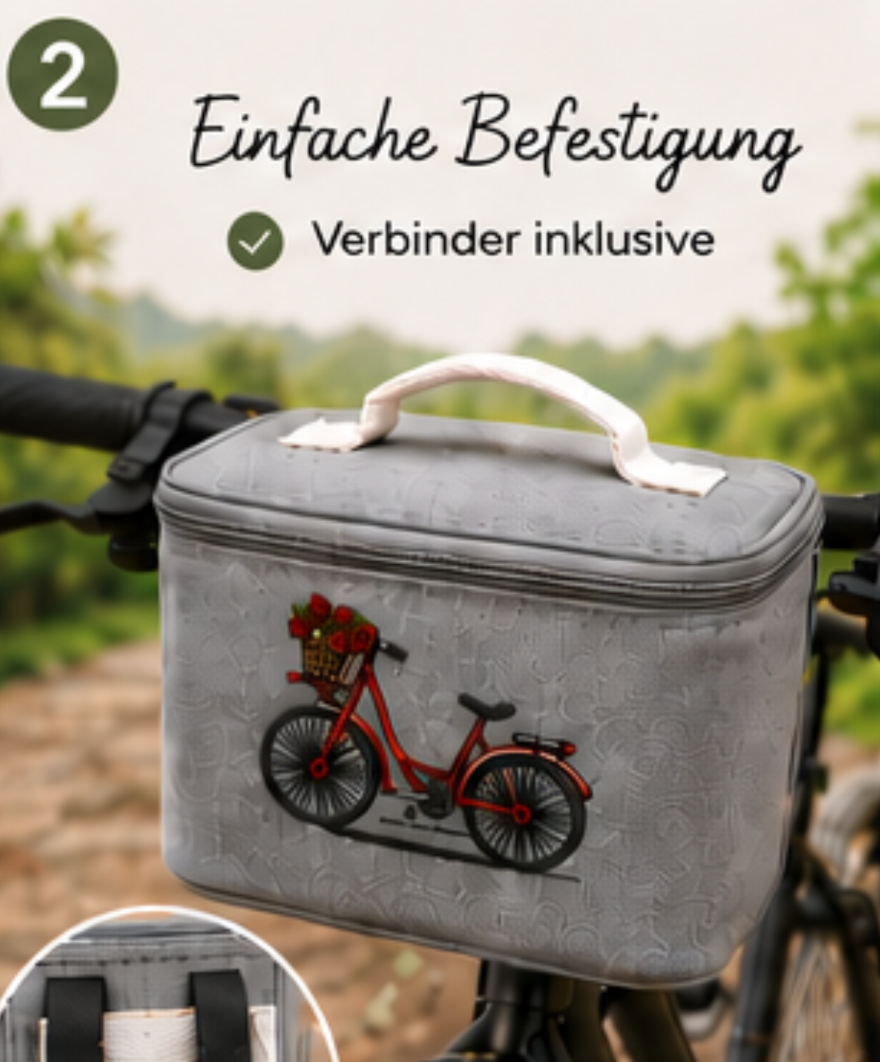 Fahrrad-Lenkertasche mit Kühlfunktion & Stickmotiv „Rosenfahrrad“