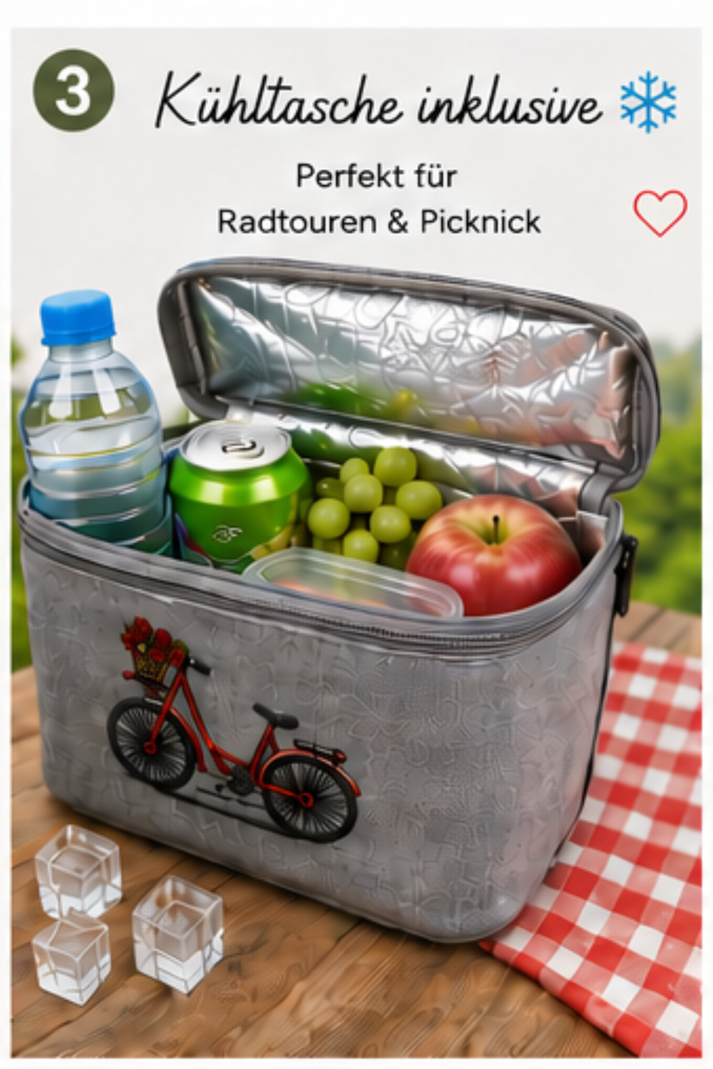Fahrrad-Lenkertasche mit Kühlfunktion & Stickmotiv „Rosenfahrrad“
