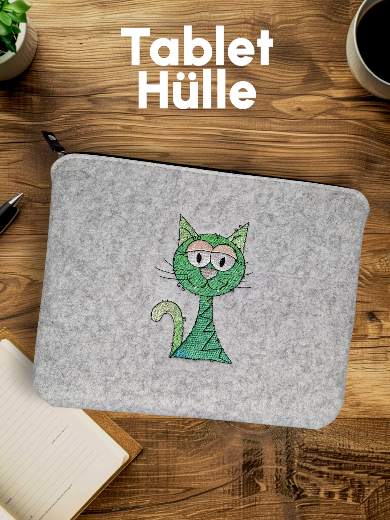Praktische Tablet Tasche Laptoptasche "Grüne Katze" Dokumentenhülle - Pirouette Handmade