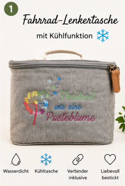Fahrrad-Lenkertasche mit Kühlfunktion – Stickmotiv „Freiheit wie eine Pusteblume“