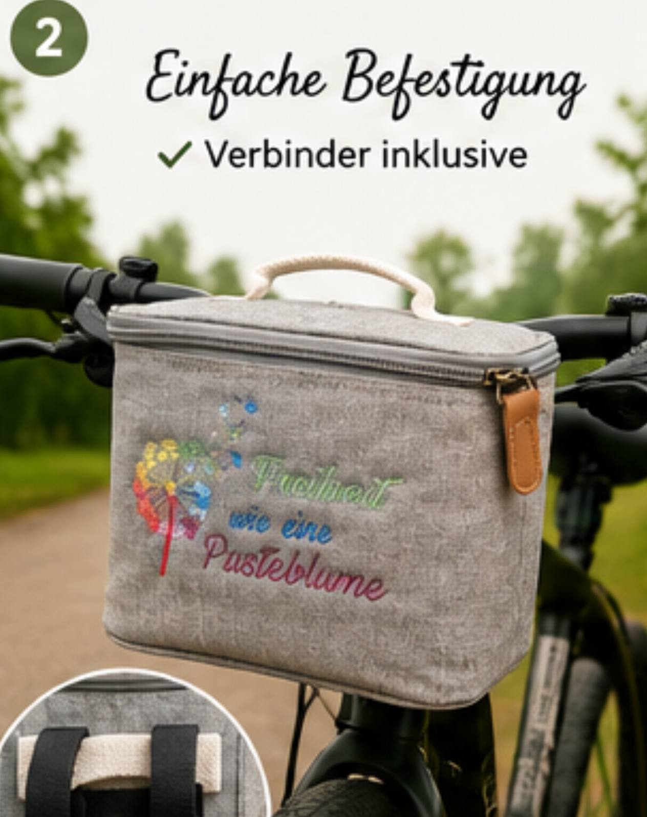 Fahrrad-Lenkertasche mit Kühlfunktion – Stickmotiv „Freiheit wie eine Pusteblume“