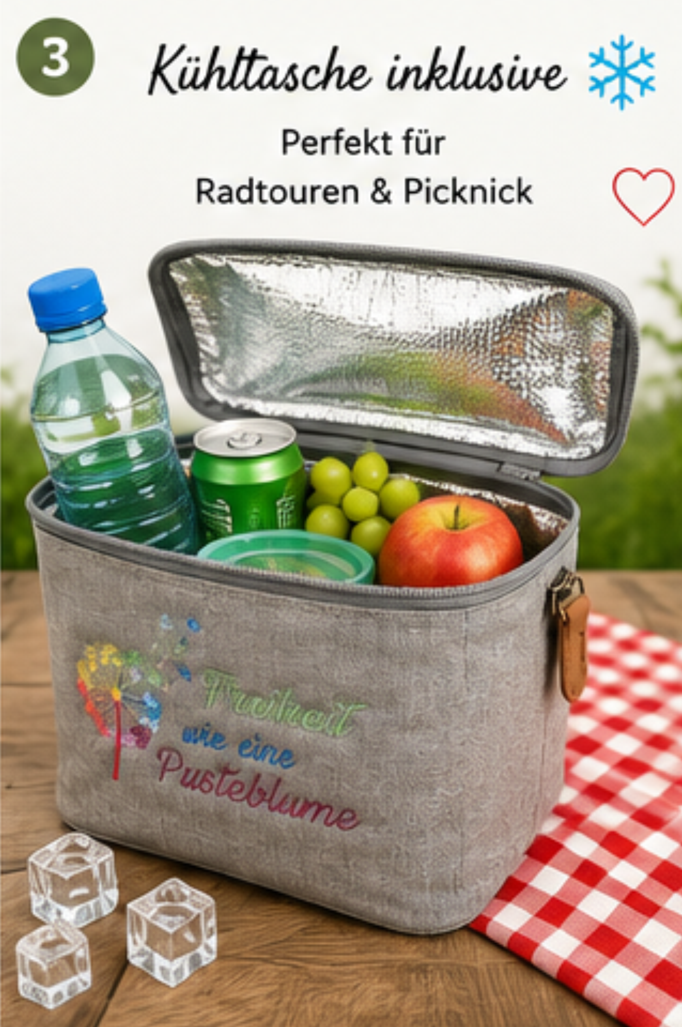 Fahrrad-Lenkertasche mit Kühlfunktion – Stickmotiv „Freiheit wie eine Pusteblume“