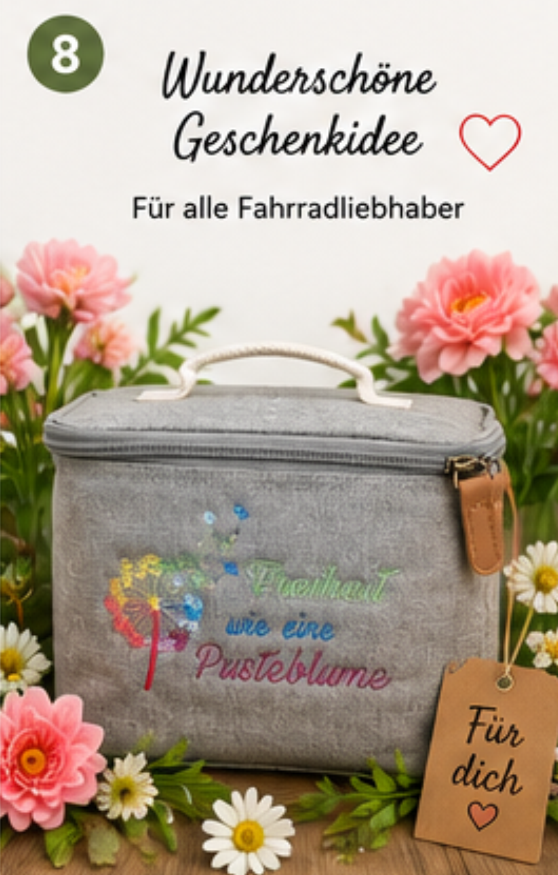 Fahrrad-Lenkertasche mit Kühlfunktion – Stickmotiv „Freiheit wie eine Pusteblume“
