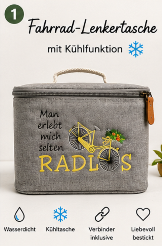 Fahrrad-Lenkertasche mit Kühlfunktion – Stickmotiv „Man erlebt mich selten RADLOS“