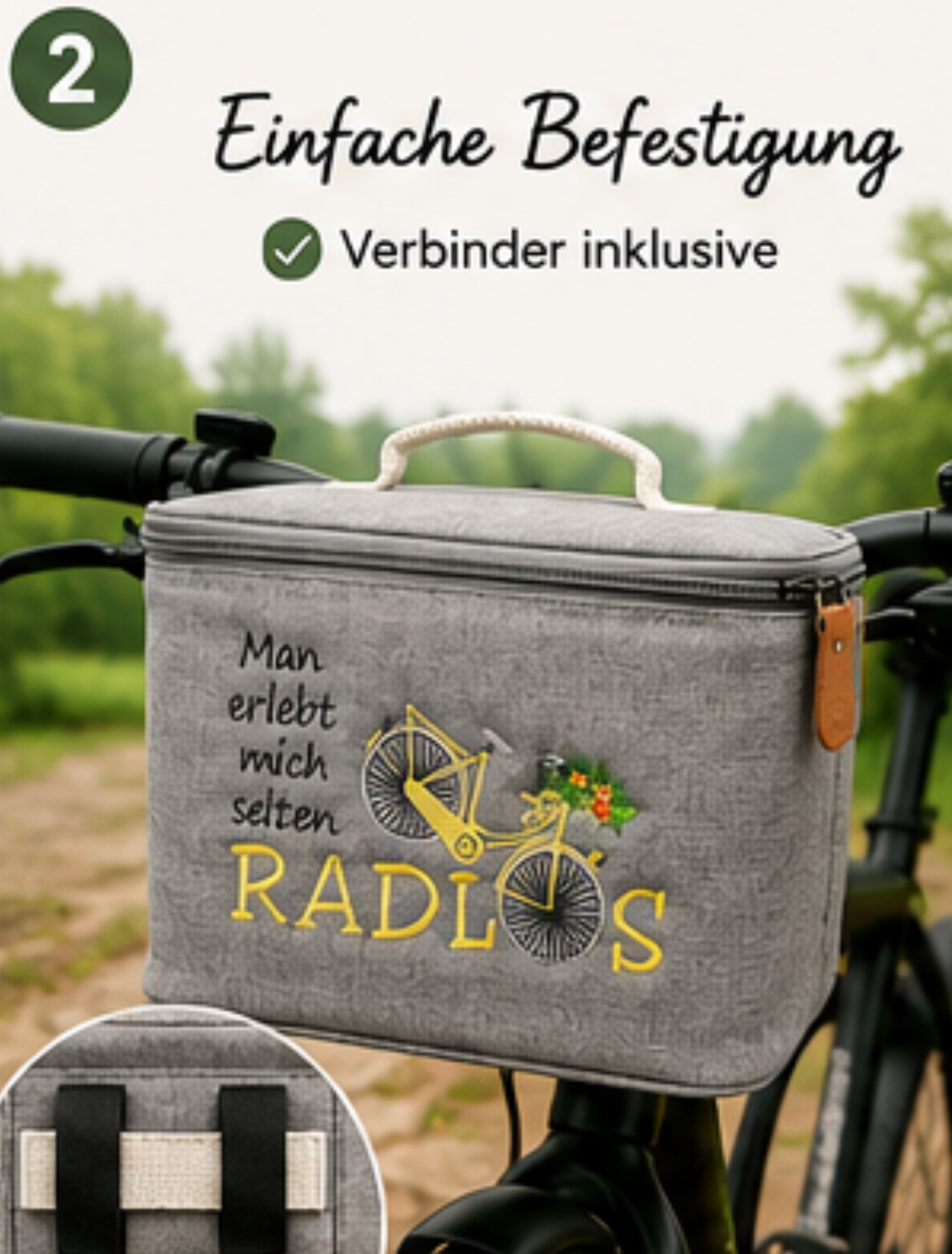Fahrrad-Lenkertasche mit Kühlfunktion – Stickmotiv „Man erlebt mich selten RADLOS“