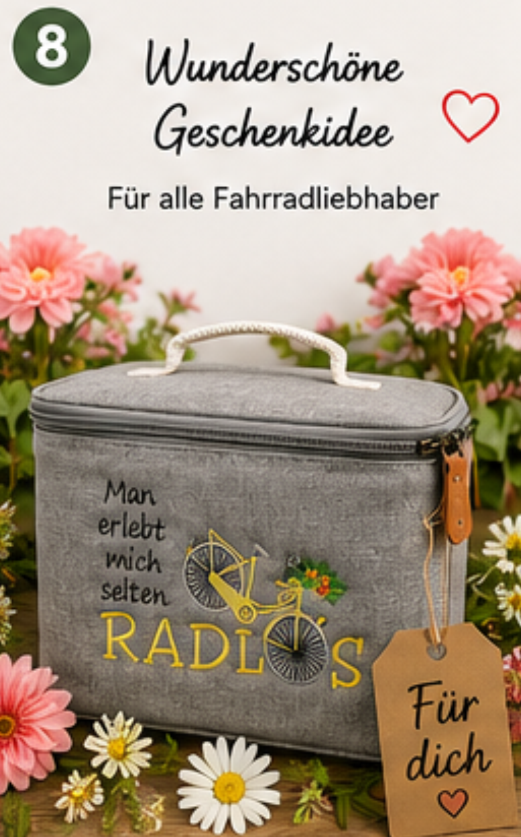 Fahrrad-Lenkertasche mit Kühlfunktion – Stickmotiv „Man erlebt mich selten RADLOS“