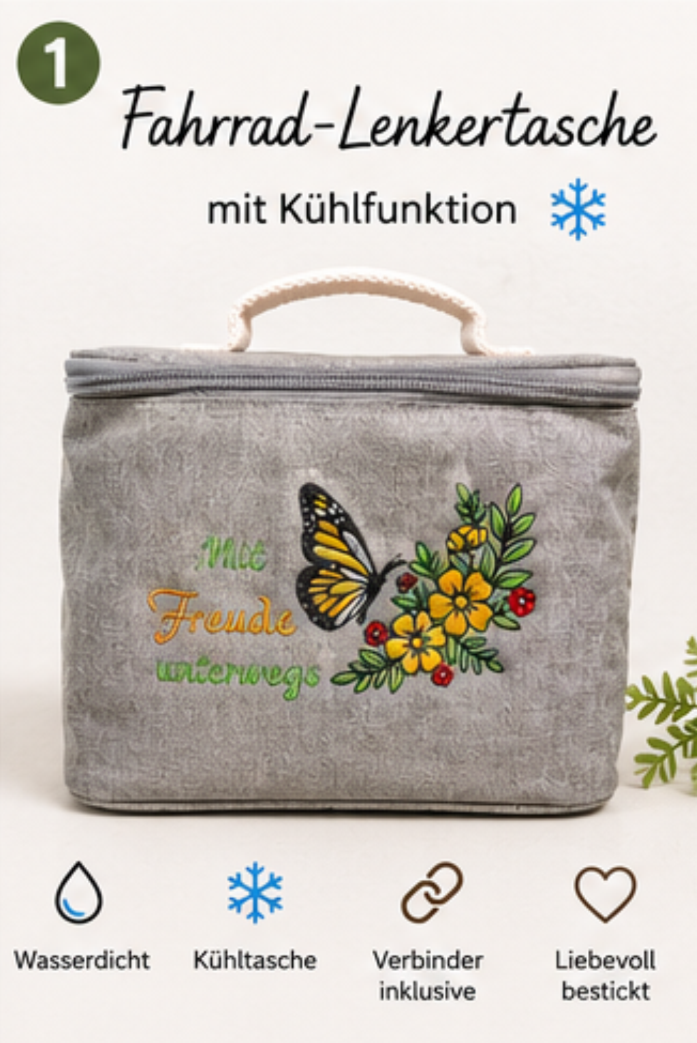 Fahrrad-Lenkertasche mit Kühlfunktion – Stickmotiv „Mit Freude unterwegs“