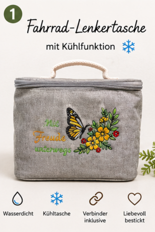 Fahrrad-Lenkertasche mit Kühlfunktion – Stickmotiv „Mit Freude unterwegs“