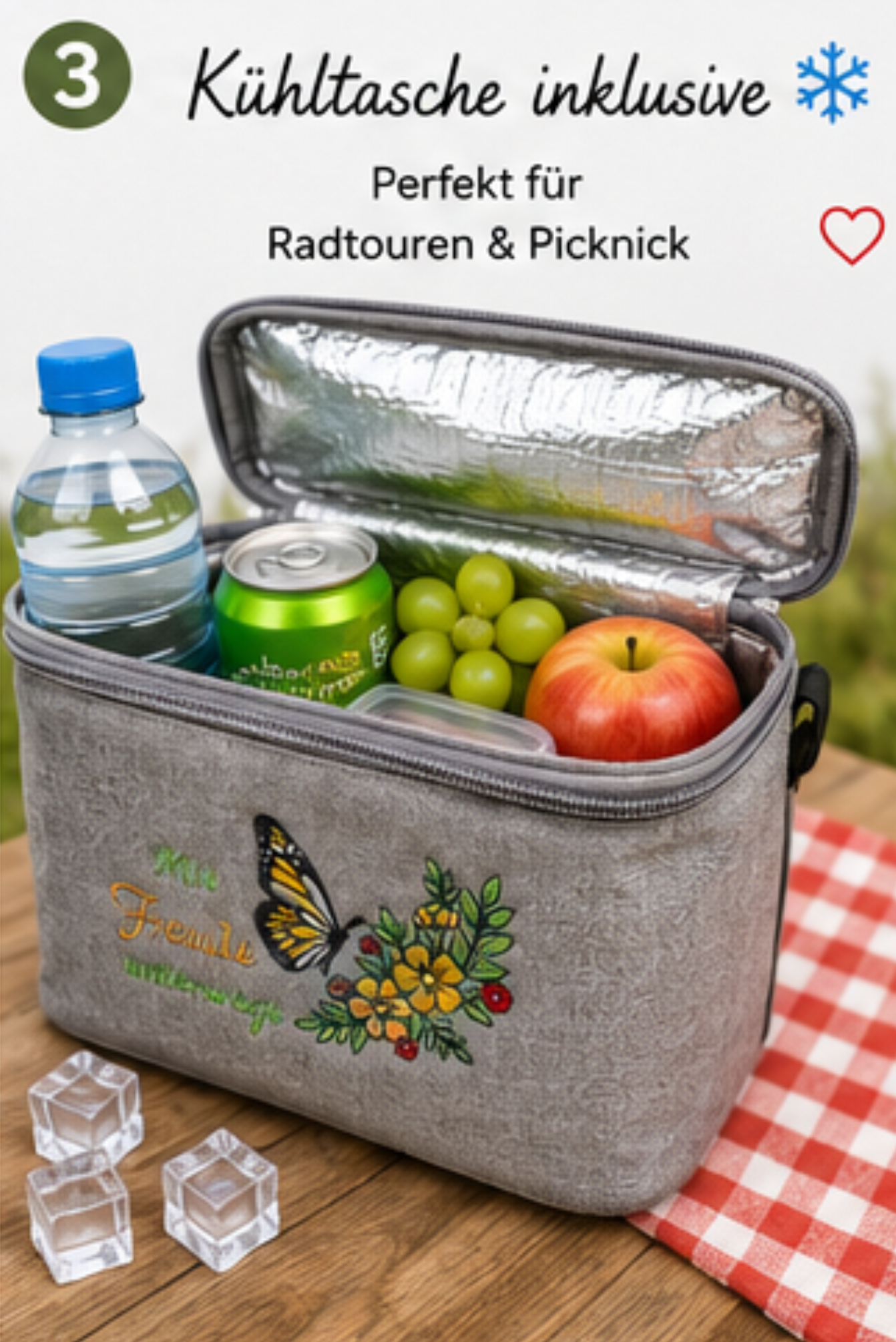 Fahrrad-Lenkertasche mit Kühlfunktion – Stickmotiv „Mit Freude unterwegs“