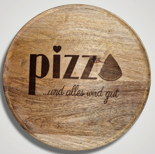 Pizzateller aus Mangoholz "Pizza und alles wird gut" - Pirouette Handmade